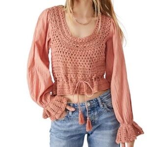 Free People feminine fairy bohemian, long sleeve Pink Crochet Blouse